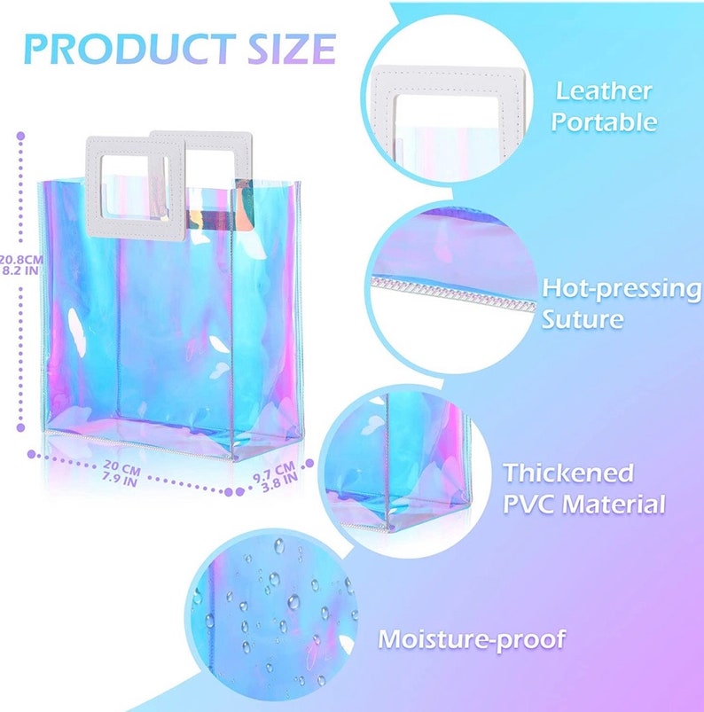 K&ouml;nnte beinhalten: Eine transparente, schimmernde Tragetasche mit einem wei&szlig;en Ledergriff. Die Tasche ist 20,8 cm hoch, 20 cm breit und 9,7 cm tief. Die Tasche ist feuchtigkeitsbest&auml;ndig und aus dickem PVC-Material gefertigt.