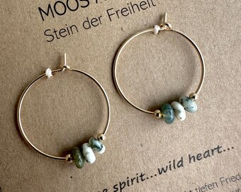 Creolen 14 k goldfilled. Moos Achat, nickelfrei, wasserfest. Ibiza | Sommer | 100 fach vergoldet| Boho | Ohrringe | Heilsteine | Geschenk