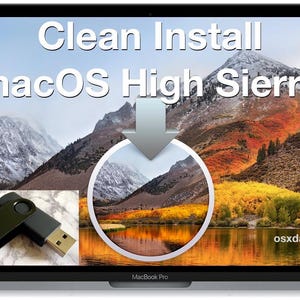 May include: A laptop computer screen displaying the text "Clean Install macOS High Sierra" with an arrow pointing down to a circular image of a mountain lake. A USB flash drive is visible in the bottom left corner of the screen.