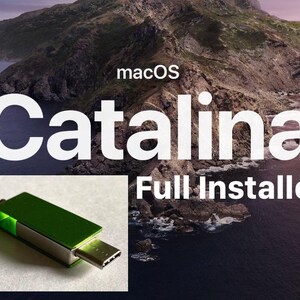 May include: A green and silver USB drive with the text "macOS Catalina Full Installer" against a backdrop of a mountain range and ocean.