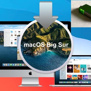 May include: A computer screen displaying the macOS Big Sur operating system. The screen is connected to a silver desktop computer. A laptop computer is also shown with the Apple Music app open. A green USB drive is shown in the top right corner of the image.