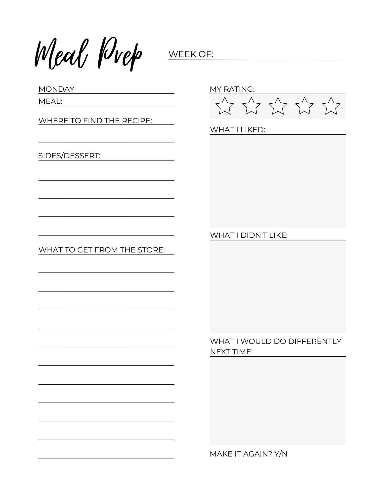 Meal Prep and Grocery List Templates Ready to Fill - Etsy
