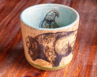 Buffalo & Bald Eagle Cup | North American Wildlife | 8oz Wheel-Thrown Pottery