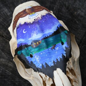Deer Skull - Hand Painted Cabin & Bald Eagle