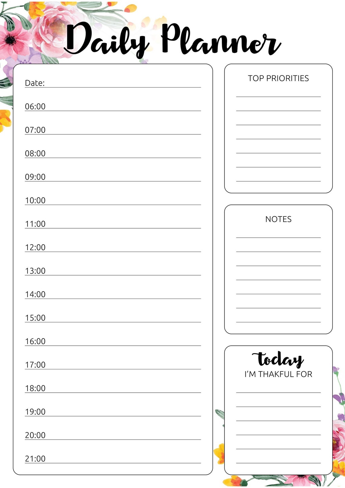 Floral Daily Planner, Printable Daily Planner, Daily Scheduler, Digital ...