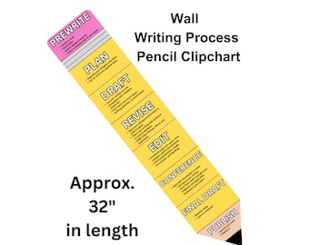 May include: A yellow pencil-shaped chart with the words "Wall Writing Process Pencil Clipchart" at the top. The chart is divided into sections with the following steps: Prewrite, Plan, Draft, Revise, Edit, Conference, Final Draft, and Publish. The chart is approximately 32 inches long.