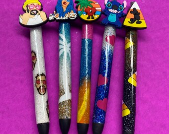 Custom pens with glitter, and rubber figure with Disney character, design in all colors ideal for gifts