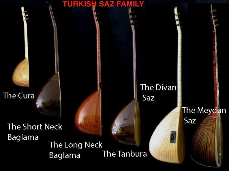 May include: A collection of five Turkish stringed instruments, including the Cura, Short Neck Baglama, Long Neck Baglama, Tanbura, Divan Saz, and Meydan Saz. The instruments are arranged from left to right in order of size, with the Cura being the smallest and the Meydan Saz being the largest.