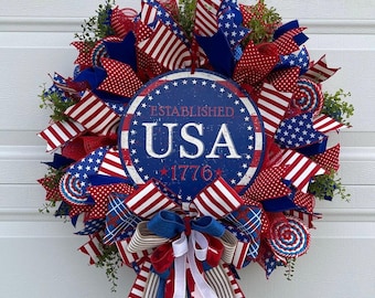 4th of July wreath,  Patriotic Wreath, Red White Blue Door Decor
