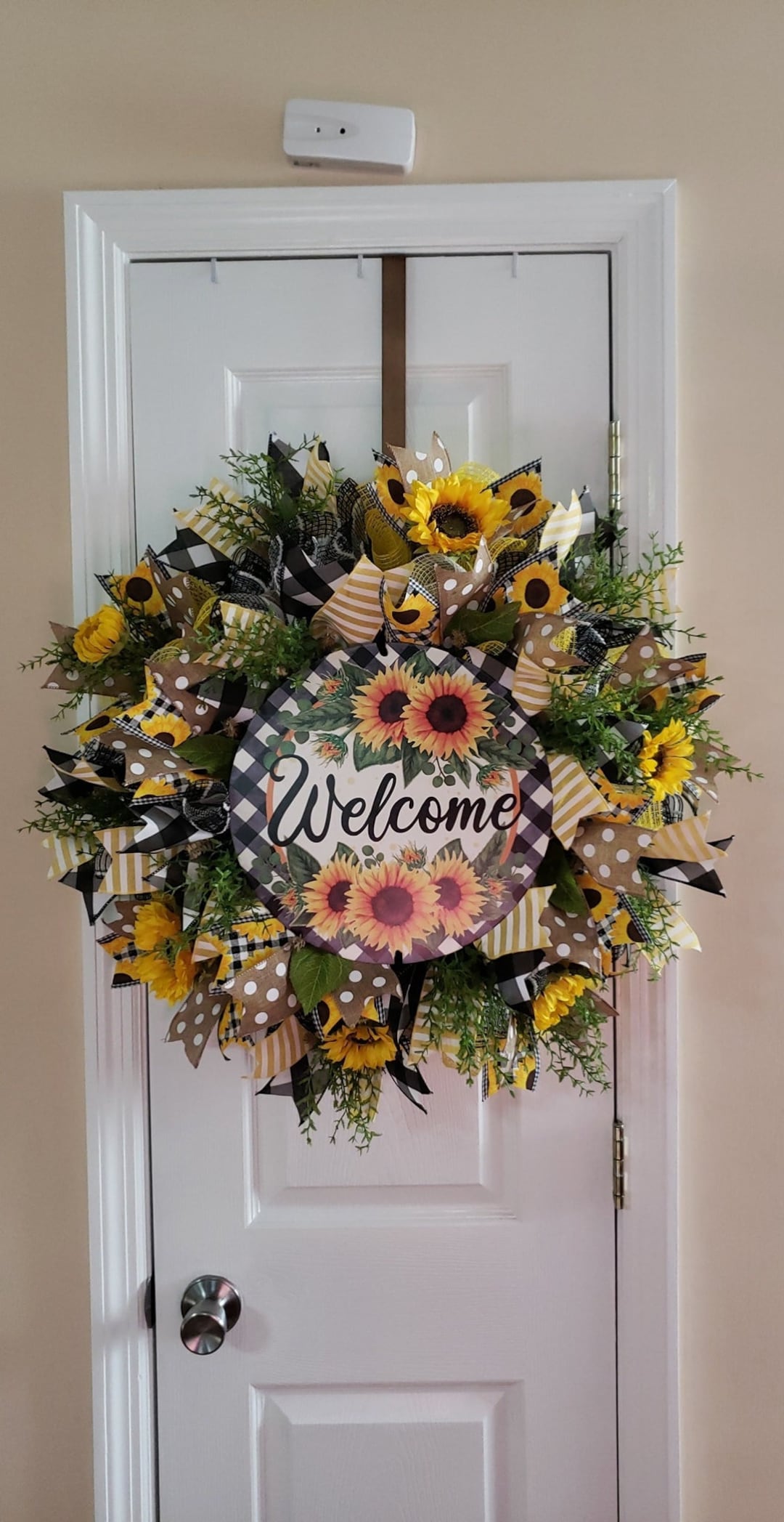 Sunflower Welcome Wreath for Front Door With Buffalo Check Ribbon ...