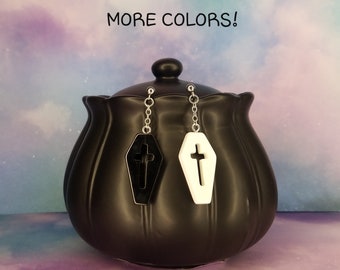 Coffin Earrings - Pastel Goth Earrings - Halloween Earrings - Resin Coffin Dangle Earrings - Goth Jewelry - Coffin with Hollow Cross