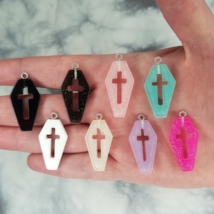 Coffin Charms - Spooky Halloween Charms - Goth Charms - Small Coffin Pendant - Glittery Resin Charms - Coffin Charms with Hollow Cross