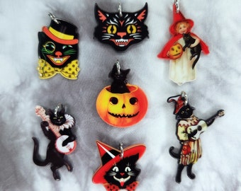 Amuletos de gato negro para Halloween - Amuletos de truco o trato - Joyería de Halloween - Amuletos de Halloween de estilo vintage - Amuletos de gatito espeluznante