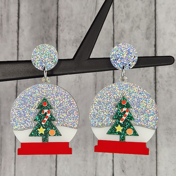 Snow Globe Earrings - Christmas Earrings - Glittery Acrylic Earrings - Festive Winter Holiday Season Jewelry