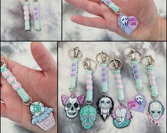 Pastel Goth Keychain - Horror Keychain - Macramé Keychain - Ouija Planchette Keychain - Creepy, Skull, Spooky, Pot Leaf Keychain