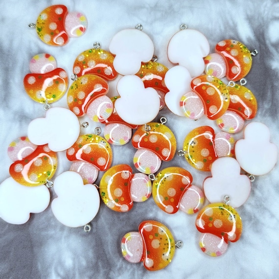 Glittery Orange Mushroom Charms - Flat Back Resin - Fungi Charms - Cottagecore Jewelry - Amanita Mushroom - Charms for Jewelry Making