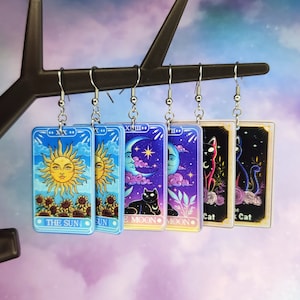 Tarot Card Earrings - Cat Tarot Earrings - Halloween Earrings - The Sun - The Moon - The Black Cat - Pastel Goth Jewelry - Witchy Aesthetic