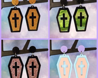 Coffin Earrings - Pastel Goth - Halloween Earrings - Coffin With Cross