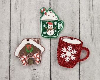 Glittery Christmas Charms - Acrylic Charms - Gingerbread House - Snowman Hot Coco - Red Snowflake Mug - Holiday Charms for Jewelry Making