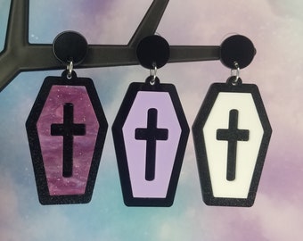 Coffin Earrings - Goth Earrings - Halloween Earrings - Large Glittery Coffin - Witchy - Spooky -  Statement Earrings - Acrylic Goth Jewelry
