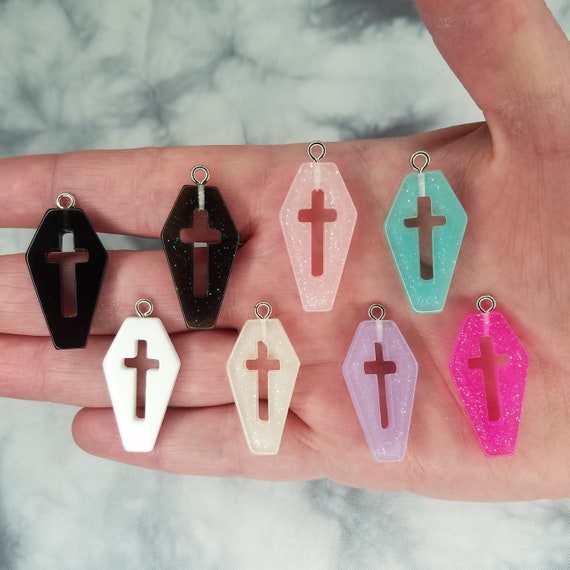 Coffin Charms - Spooky Halloween Charms - Goth Charms - Small Coffin Pendant - Glittery Resin Charms - Coffin Charms with Hollow Cross