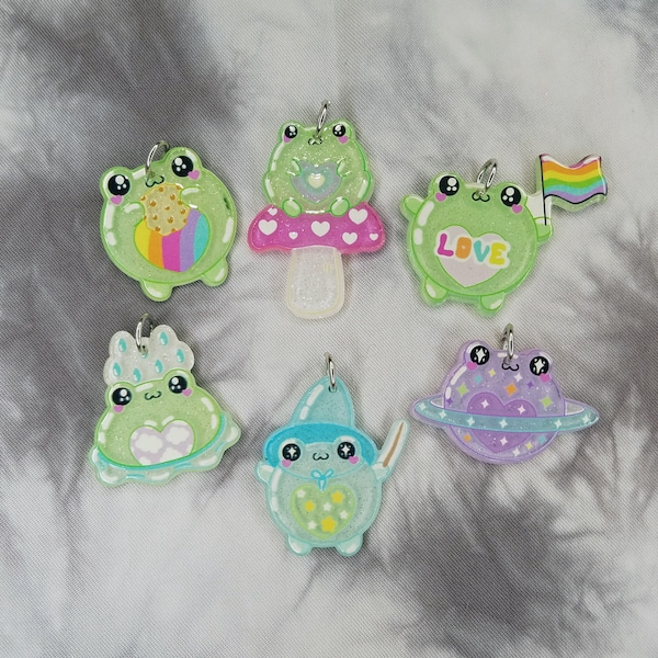 Glittery Froggie Charms - Cute Kawaii Frog Charms - Colorful Rainbow Frog Charms - Space Frog - Wizard Frog - Sparkly Frog Jewelry Charms