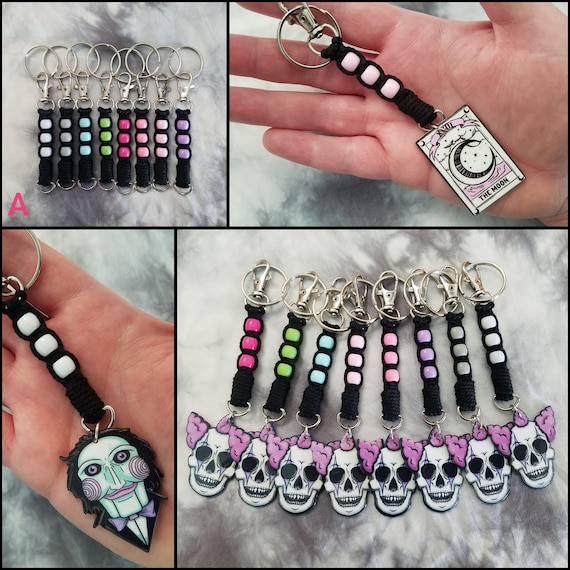 Pastel Goth Keychain - Ouija Planchette Keychain - Horror Keychain - Beaded Macrame Keychain - Zombie, Skull, Cat, Astronaut Keychain