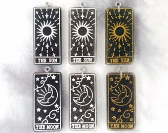 Tarot Card Charms - The Moon Tarot Card Charms - The Sun Tarot Card Charms - Halloween Charms - Black Glittery Jewellery Charms
