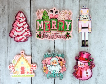 Pink Christmas Charms - Glittery Acrylic - Santa Clause - Snowman - Nutcracker - Gingerbread House - Seasonal Holiday Charms for DIY Jewelry