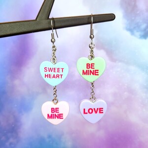 Conversation Heart Earrings - Fake Candy Heart Earrings - Valentine&#39;s Day Jewelry - Candy Earrings - Cute Pastel Convo Hearts