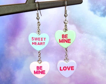 Conversation Heart Earrings - Fake Candy Heart Earrings - Valentine's Day Jewelry - Candy Earrings - Cute Pastel Convo Hearts