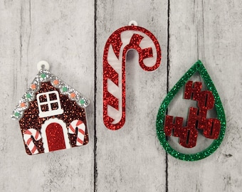Festive Christmas Charms - Glittery Acrylic Charms - Gingerbread House - Candy Cane - Ho Ho Ho - Seasonal Holiday Charms for Jewelry Making