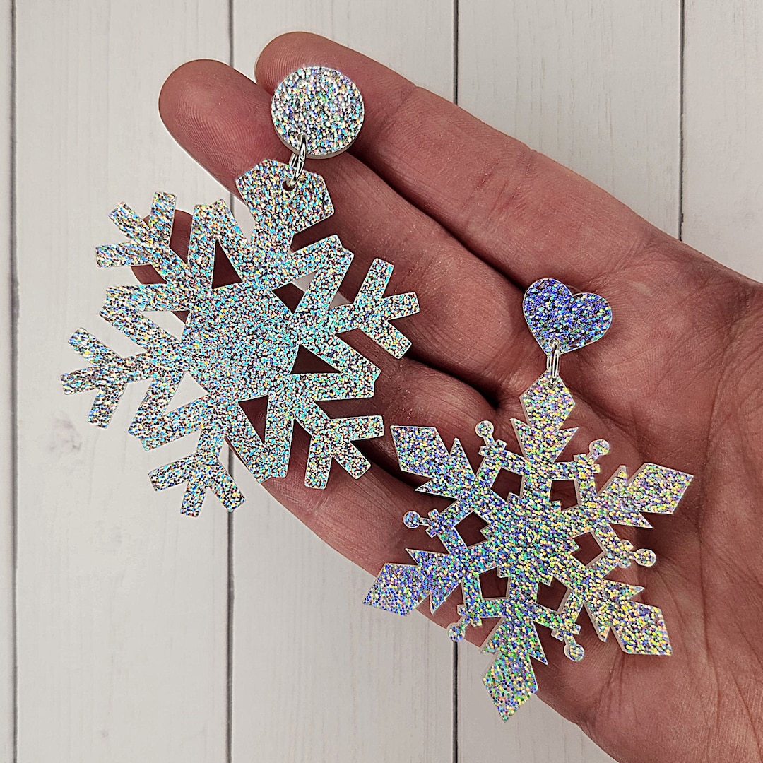 Snowflake Earrings - Christmas Earrings - Glittery Acrylic Earrings ...