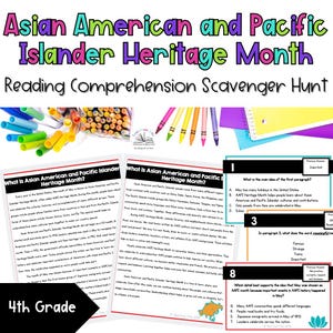 May include: A reading comprehension scavenger hunt for 4th grade students, themed around Asian American and Pacific Islander Heritage Month. The image includes text, pencils, and reading comprehension questions.