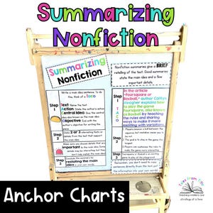 May include: Wooden easel with colorful text: "Summarizing Nonfiction" and "Anchor Charts." The whiteboard displays steps for summarizing text, including identifying the main idea and supporting details. The text also includes the phrase "Taco."