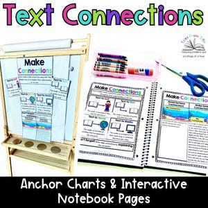 May include: A wooden easel with a whiteboard displaying "Make Connections" charts and interactive notebook pages. The charts include text and graphics illustrating reading comprehension strategies. A clear plastic container holds crayons, and blue scissors are also visible.