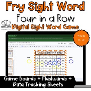 May include: A digital sight word game displayed on a laptop screen. The game, titled "Fry Sight Word Four in a Row," features orange game boards, flashcards, and data tracking sheets. The screen shows a game board with sight words.