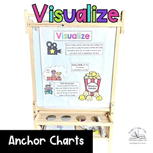 May include: Wooden easel with a whiteboard displaying an "Anchor Charts" lesson on visualization. The board includes text and illustrations about sensory details and creating mental images while reading. The word "Visualize" is at the top.