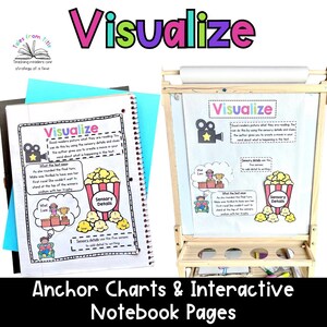 May include: A notebook and a wooden easel display educational anchor charts and interactive notebook pages. The charts feature the word "Visualize" in colorful letters, with illustrations of popcorn and a trophy. The text explains how to use sensory details.