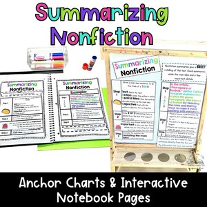 May include: Educational materials for summarizing nonfiction texts. The image shows anchor charts, notebook pages, and examples. The title "Summarizing Nonfiction" is displayed in colorful text. Markers and glue sticks are also visible.