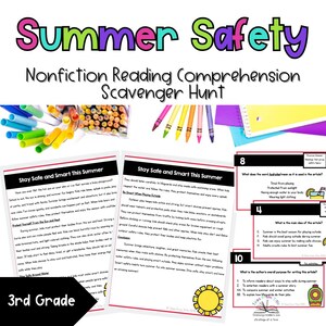 May include: A colorful educational worksheet titled "Summer Safety" with text and illustrations. The worksheet includes reading comprehension questions and a scavenger hunt for 3rd grade students. The image features crayons, markers, and a notebook.