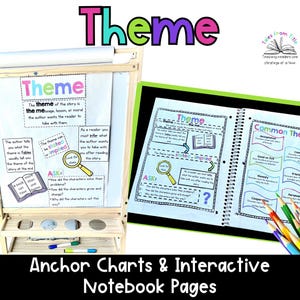 Könnte beinhalten: Lehrmaterialien für den Leseunterricht. Das Bild zeigt Ankerdiagramme und interaktive Notizbuchseiten mit dem Wort "Theme" in großen, farbenfrohen Buchstaben. Die Diagramme erklären Story-Themen mit Beispielen und Fragen.