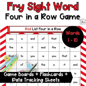 Op de afbeelding: Een kleurrijk educatief spelbord getiteld "Fry Sight Word Four in a Row Game". Het spelbord heeft een raster met veelvoorkomende woorden, een rode rand en de tekst "Words 1-10". Inclusief spelborden, flashcards en datatrackingsheets.