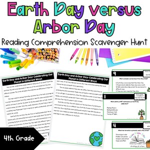 Puede incluir: Una colorida búsqueda del tesoro de comprensión lectora imprimible para el Día de la Tierra y el Día del Árbol para estudiantes de 4º grado. La hoja de trabajo incluye preguntas sobre la importancia de los árboles y el medio ambiente. El texto incluye las palabras "Día de la Tierra y Día del Árbol: Celebrando nuestro planeta de diferentes maneras".