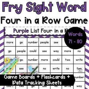 Op de afbeelding: Een spelbord voor het Fry Sight Word Four in a Row-spel. Het bord heeft een raster met zichtwoorden en bevat spelborden, flashcards en gegevensvolgbladen. De woorden komen uit de Purple List, woorden 71-80. Potloden zijn inbegrepen.