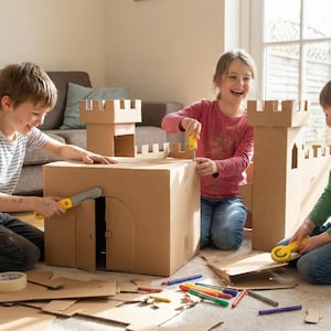 May include: Three children building a cardboard castle together. The castle is made of brown cardboard boxes and has turrets. The children are using tools like a utility knife and a rotary cutter to assemble the castle.