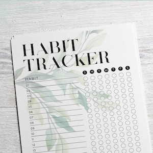 May include: A printable habit tracker with a watercolor background of green leaves. The tracker has 20 rows for habits and 7 columns for days of the week, labeled S, M, T, W, T, F, S.