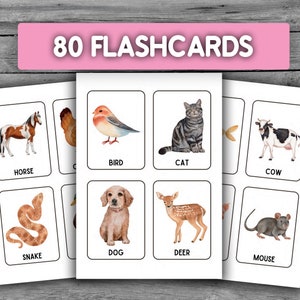 80 tarjetas de animales para niños y niños pequeños Tarjetas imprimibles para práctica de vocabulario y lenguaje en preescolar y educación en el hogar"
