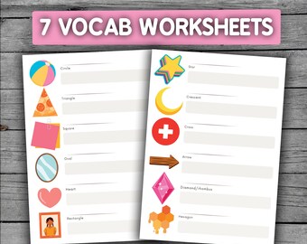 May include: Seven printable worksheets for kids to learn about different shapes. The worksheets feature colorful illustrations of a circle, triangle, square, oval, heart, rectangle, star, crescent, cross, arrow, diamond, hexagon.
