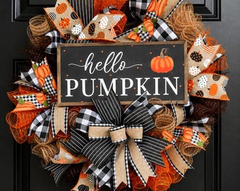 Hello Pumpkin Fall Wreath, Buffalo Plaid Farmhouse Door Decor, Autumn Porch Thanksgiving Decorations